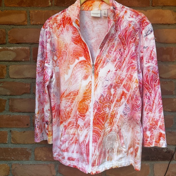 Weekends By Chicos Jacket Womens Multicolored Zip Up Orange Pink White SIZE 1 - Picture 1 of 6
